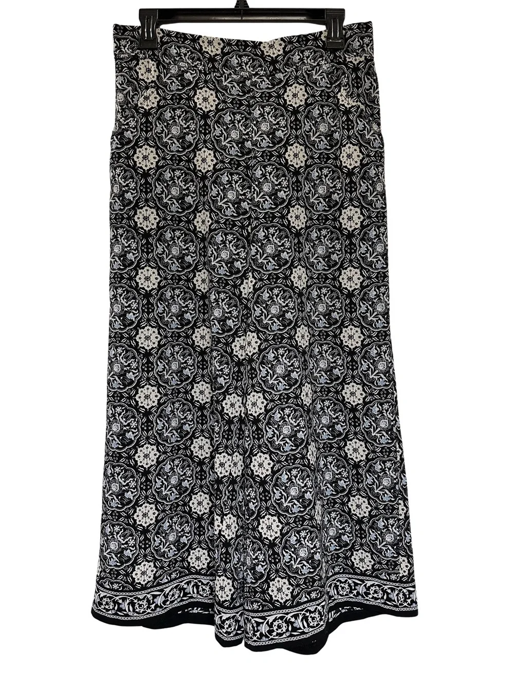 Max Studio Black Medallion Print Wide Leg Pants M Floral Boho Pull-On Blue Cream - Picture 2 of 10